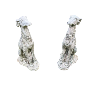 Paire de lévriers assis en pierre reconstituée - Sculptures - Décor de jardin, Portugal XXe siècle