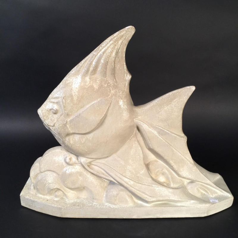 Roger Guérin, poisson stylisé Art Déco, sculpture en grès salé grand feu, Bouffioulx ca 1925