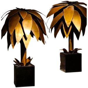 Jean Jansem, pair of 'Palm Trees' lamps in cut patinated metal, circa 1960-1970