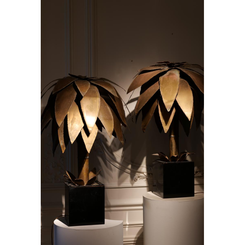 Jean Jansem, paar 'Palm Trees'-lampen van geslepen, gepatineerd metaal, circa 1960-1970