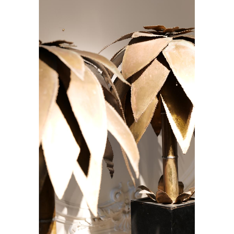 Jean Jansem, paar 'Palm Trees'-lampen van geslepen, gepatineerd metaal, circa 1960-1970