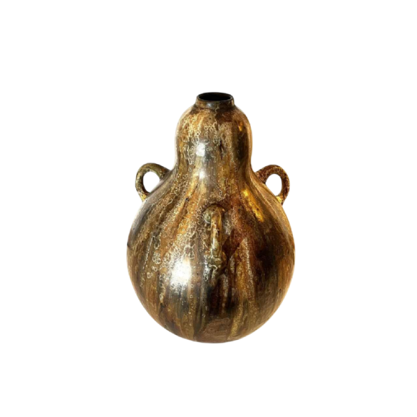 ROGER GUERIN, brown Art Nouveau 'colocynth' vase with three handles, large-fired salted stoneware, Bouffioulx ca 1920