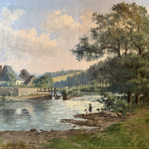 Auguste Dandoy “Jonge vissers aan de oevers van de Lesse?” 1892, olieverf op doek, 60 x 80 cm