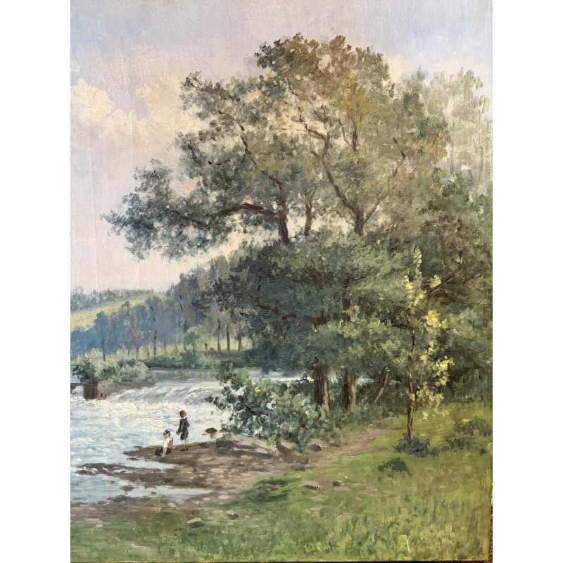 Auguste DANDOY «Jeunes pêcheurs à la ligne en bord de Lesse ?» 1892 peinture huile sur toile 60x80 cm