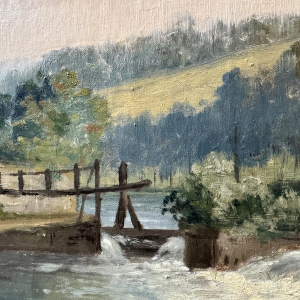 Auguste DANDOY «Jeunes pêcheurs à la ligne en bord de Lesse ?» 1892 peinture huile sur toile 60x80 cm