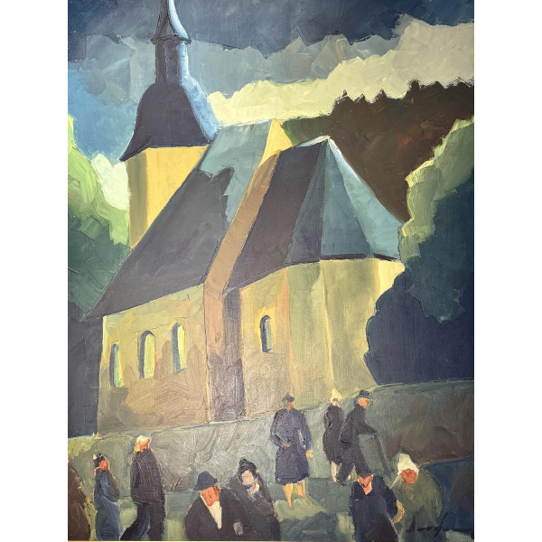 Milo DARDENNE «Paroissiens à la sortie de l’Eglise Saint Pierre de Jamoigne?» peinture huile sur toile