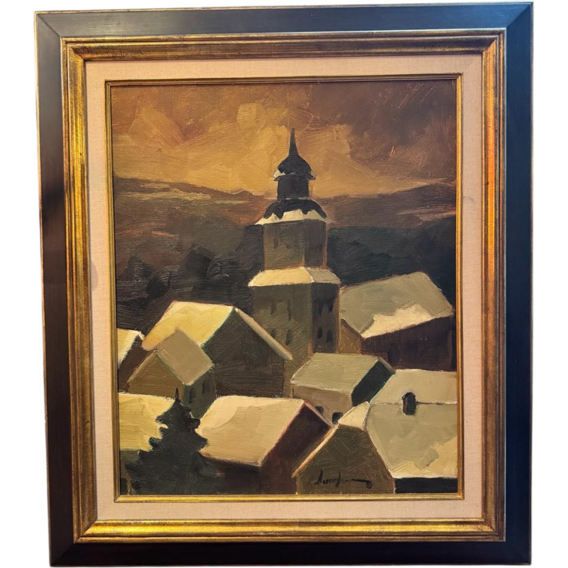 Milo DARDENNE “Ardennes Village - Gaumais under the Snow” olieverfschilderij op canvas