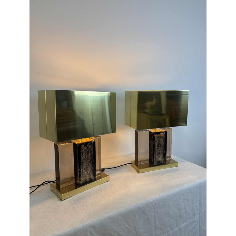 Pair of Hollywood regency table lamps, Murano glitter glass and gilded brass, 20th century Italy
