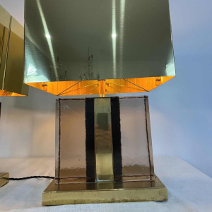 Pair of Hollywood regency table lamps, Murano glitter glass and gilded brass, 20th century Italy