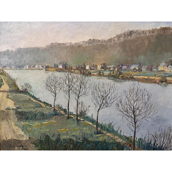 Jean-Marie GIVORD “View of the Meuse (towards Wépion?)” 1946 oil painting on canvas