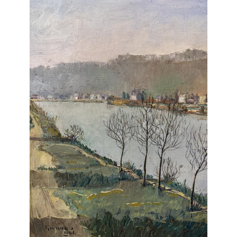 Jean-Marie GIVORD “View of the Meuse (towards Wépion?)” 1946 oil painting on canvas