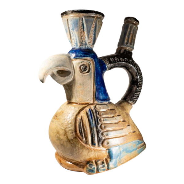 Jules Guérin, zoömorfe keramische sculptuurvaas "Inca/Azteekse vogel", steengoed uit Bouffioulx, jaren 1950.