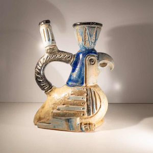 Jules Guérin, zoömorfe keramische sculptuurvaas "Inca/Azteekse vogel", steengoed uit Bouffioulx, jaren 1950.