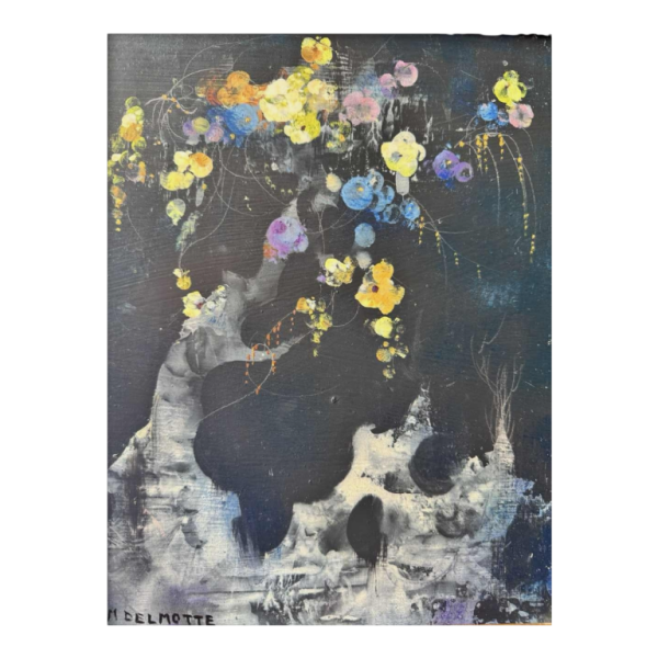 Marcel DELMOTTE "Bouquet de fleurs sur fond de paysage surréaliste" peinture huile sur carton, 1980