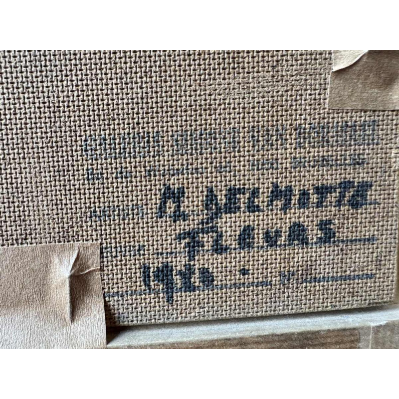 Marcel DELMOTTE "Bouquet de fleurs sur fond de paysage surréaliste" peinture huile sur carton, 1980