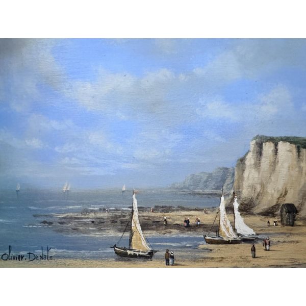 Olivier De Nato «Scène de plage» peinture huile sur bois