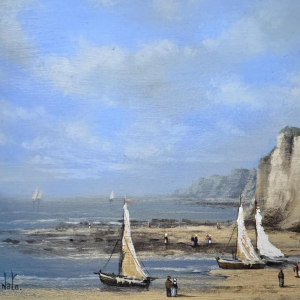 Olivier De Nato “Strandscène”, olieverfschilderij op hout