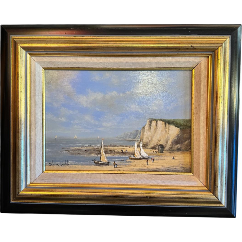 Olivier De Nato «Scène de plage» peinture huile sur bois