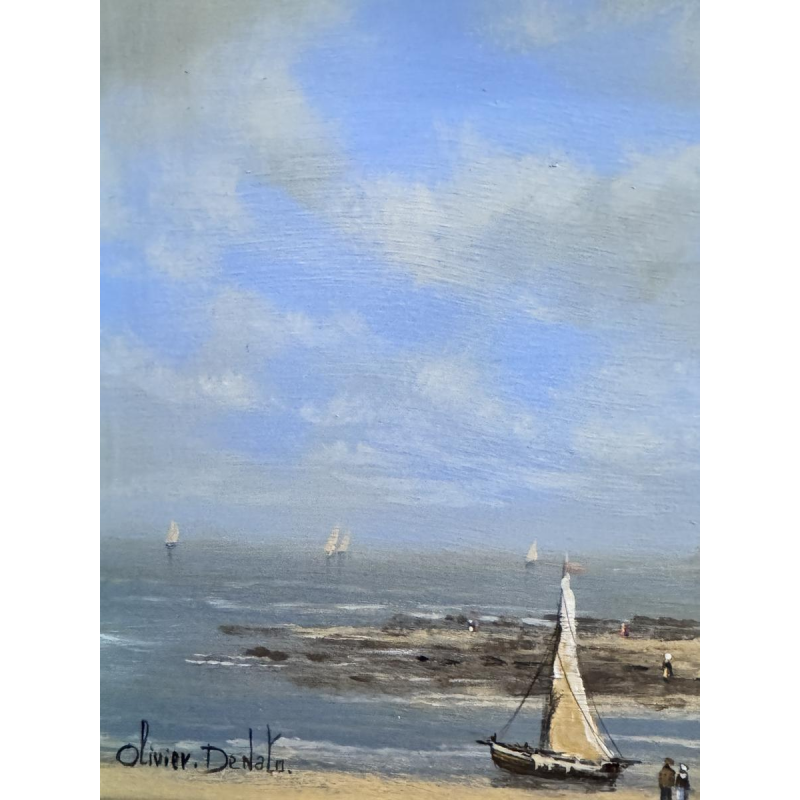 Olivier De Nato «Scène de plage» peinture huile sur bois