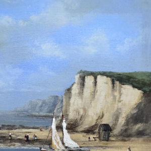 Olivier De Nato “Strandscène”, olieverfschilderij op hout