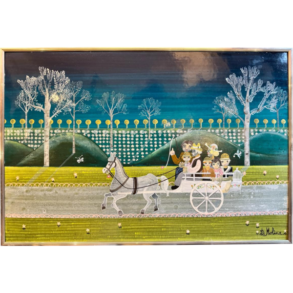 Danielle MOLINA «La petite famille en promenade» peinture huile sur panneau