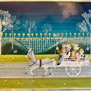 Danielle MOLINA “Het kleine gezinnetje op een wandeling”, olieverfschilderij op paneel