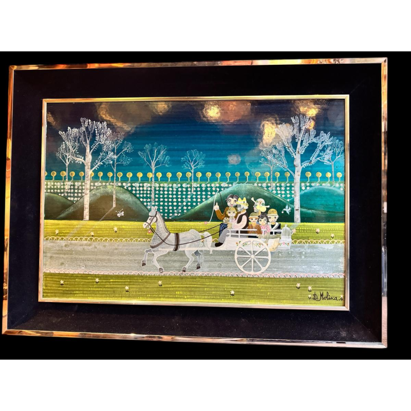 Danielle MOLINA «La petite famille en promenade» peinture huile sur panneau