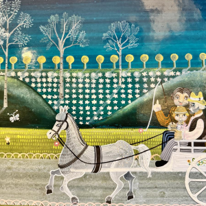 Danielle MOLINA “Het kleine gezinnetje op een wandeling”, olieverfschilderij op paneel