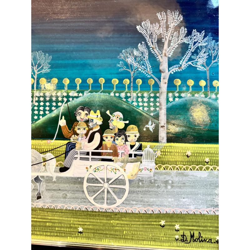 Danielle MOLINA “Het kleine gezinnetje op een wandeling”, olieverfschilderij op paneel