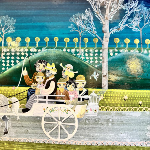 Danielle MOLINA «La petite famille en promenade» peinture huile sur panneau