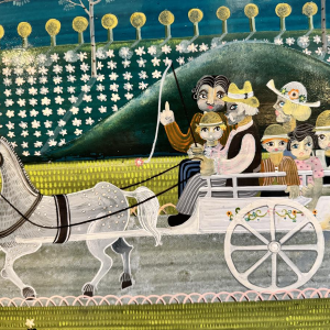 Danielle MOLINA «La petite famille en promenade» peinture huile sur panneau