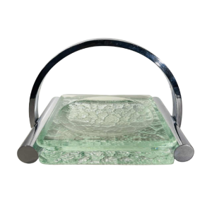 Jacques Adnet, vide poche Art Déco en acier chromé et verre épais texturé, XXe s