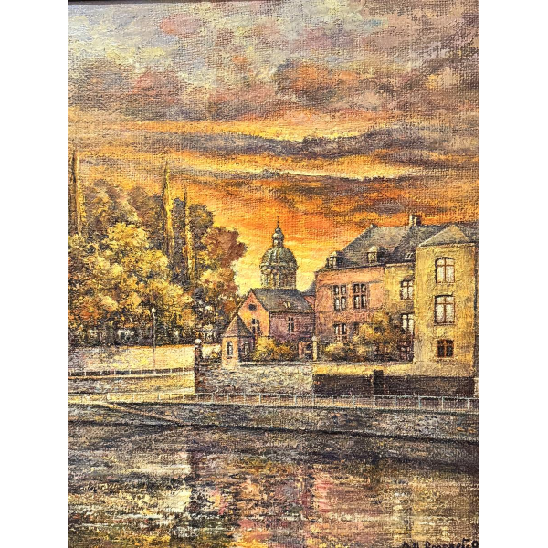 Olivier-Henri Boseret “Zonsondergang in Namur”, olieverfschilderij op canvas, gemonteerd op canvas