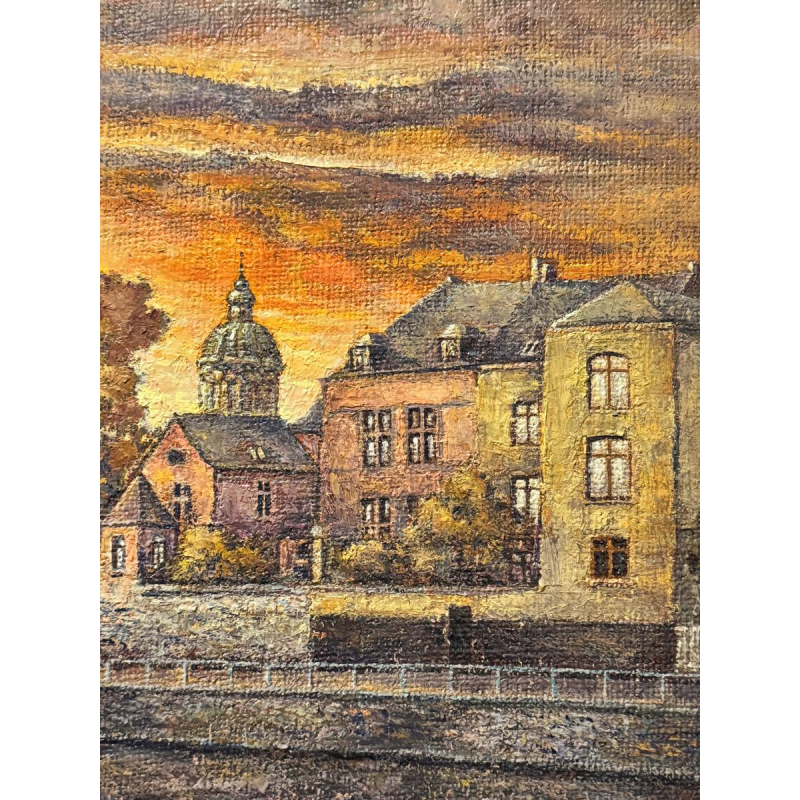Olivier-Henri Boseret “Zonsondergang in Namur”, olieverfschilderij op canvas, gemonteerd op canvas