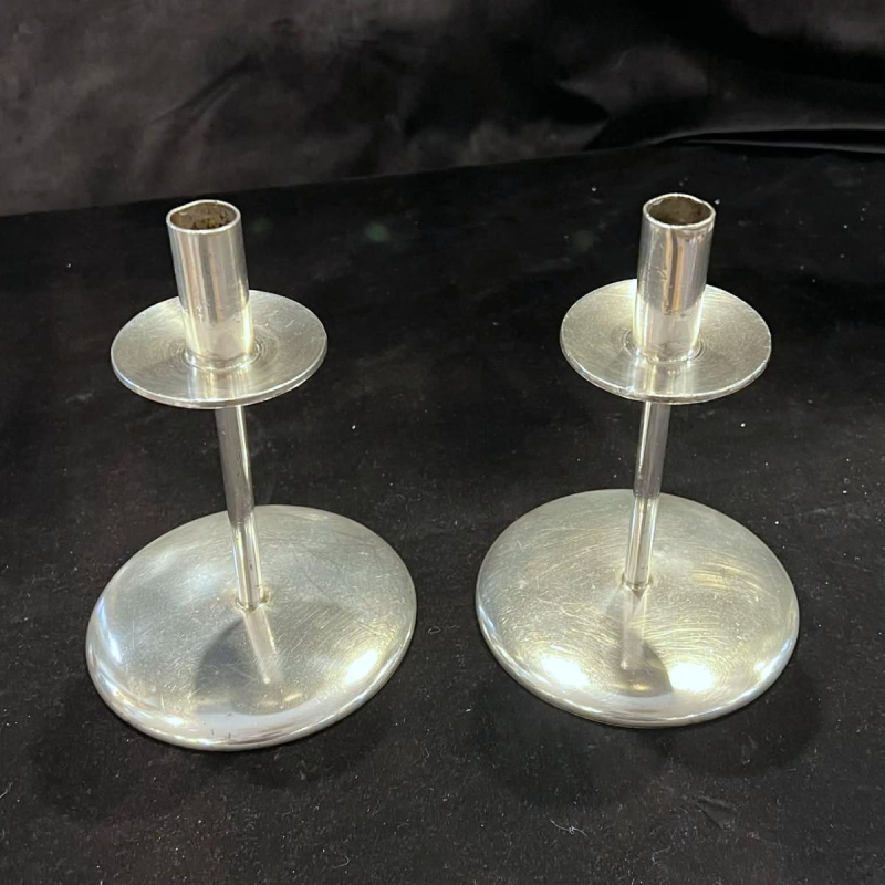 SAMBONET, pair of silver-plated metal candlesticks, Italy ca 1960