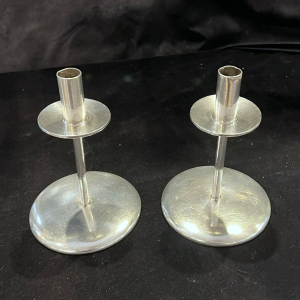 SAMBONET, pair of silver-plated metal candlesticks, Italy ca 1960