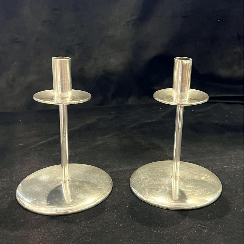 SAMBONET, pair of silver-plated metal candlesticks, Italy ca 1960