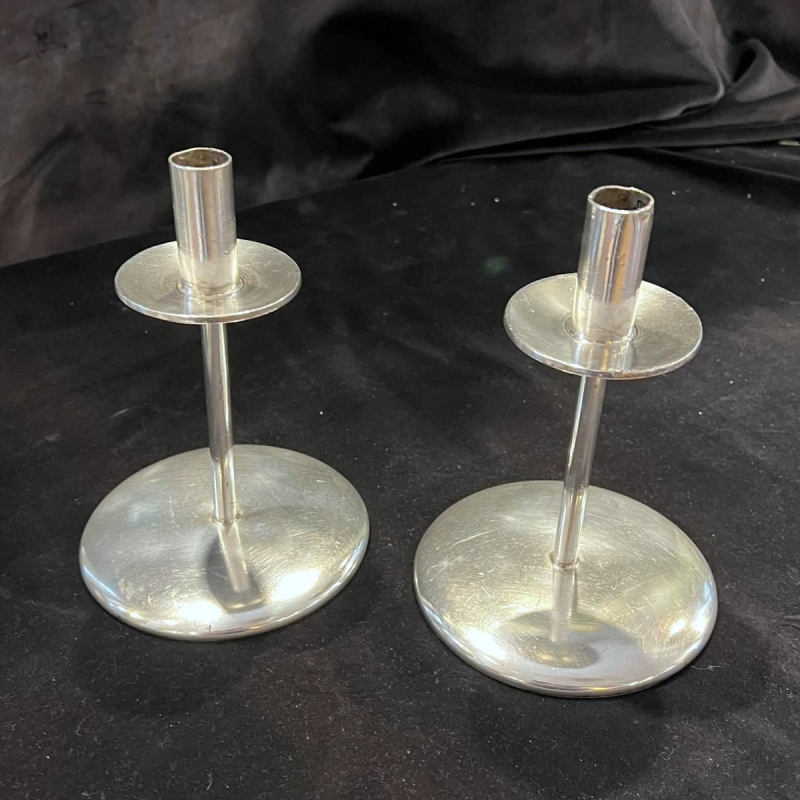 SAMBONET, pair of silver-plated metal candlesticks, Italy ca 1960