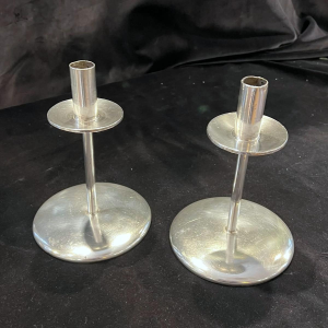 SAMBONET, pair of silver-plated metal candlesticks, Italy ca 1960