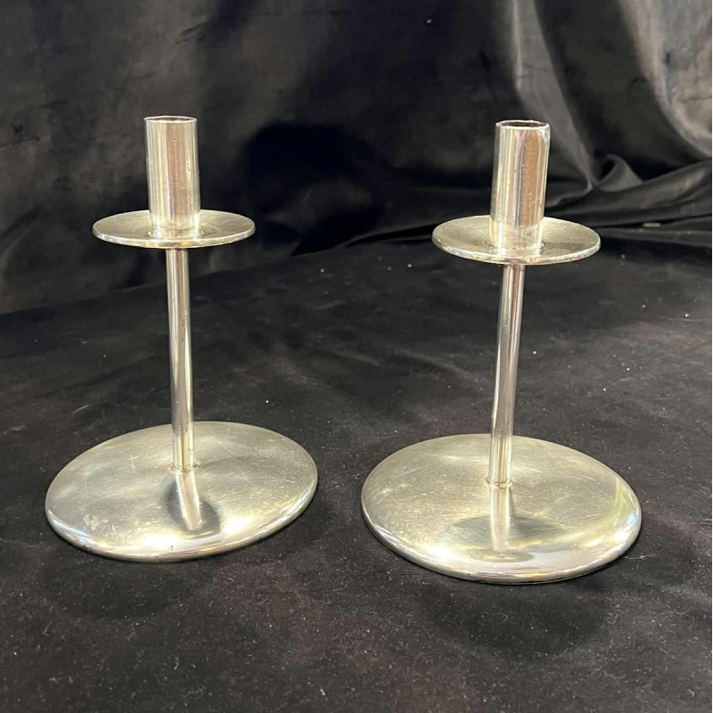 SAMBONET, pair of silver-plated metal candlesticks, Italy ca 1960