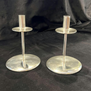 SAMBONET, pair of silver-plated metal candlesticks, Italy ca 1960