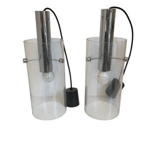 GLASHÜTTE LIMBURG, pair of cylindrical pendant lamps, glass and chromed steel, ca 1960-70