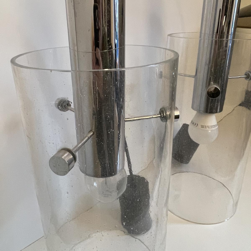 GLASHÜTTE LIMBURG, paire de lampes suspensions cylindriques, verre et acier chromé, ca 1960-70