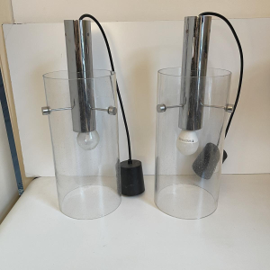 GLASHÜTTE LIMBURG, pair of cylindrical pendant lamps, glass and chromed steel, ca 1960-70