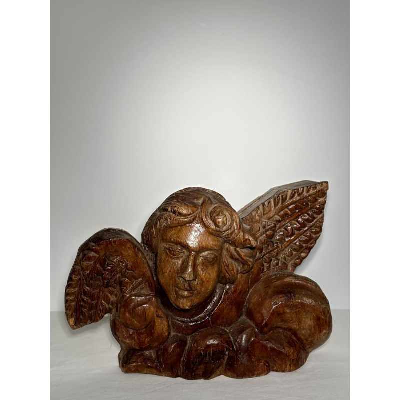 Gesneden houten engelenkop - architectonisch fragment sculptuur - Frans werk, 19e eeuw