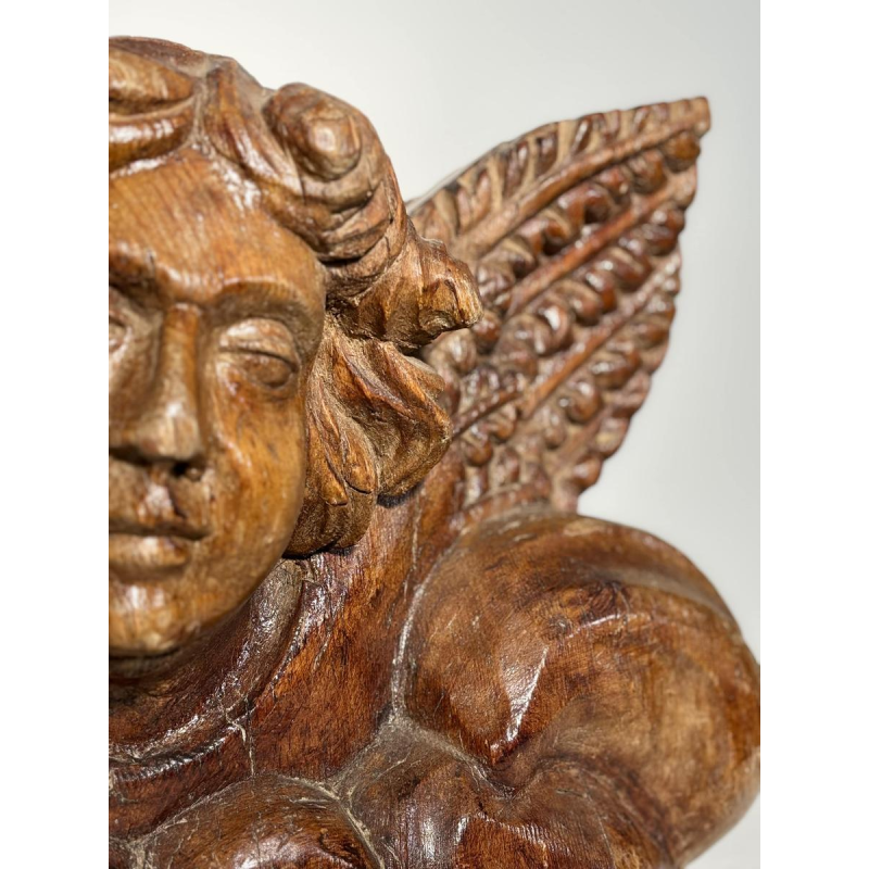 Tête d'ange sculptée en bois ancien - fragment architectural sculpture - travail français, XIXe siècle