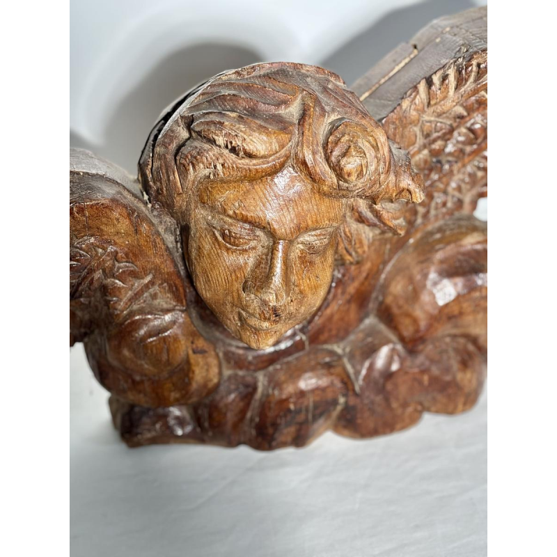 Gesneden houten engelenkop - architectonisch fragment sculptuur - Frans werk, 19e eeuw