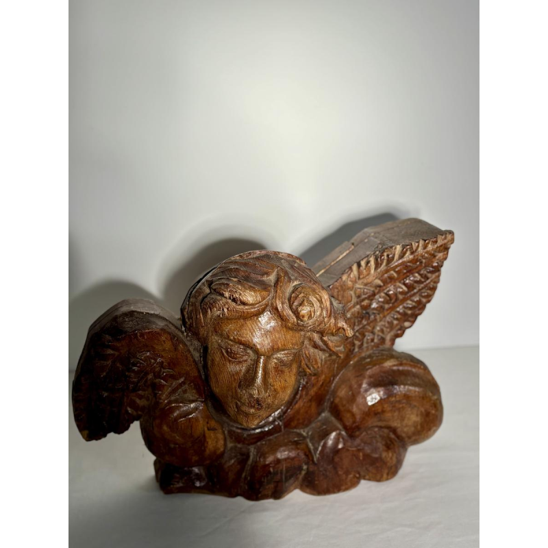 Tête d'ange sculptée en bois ancien - fragment architectural sculpture - travail français, XIXe siècle