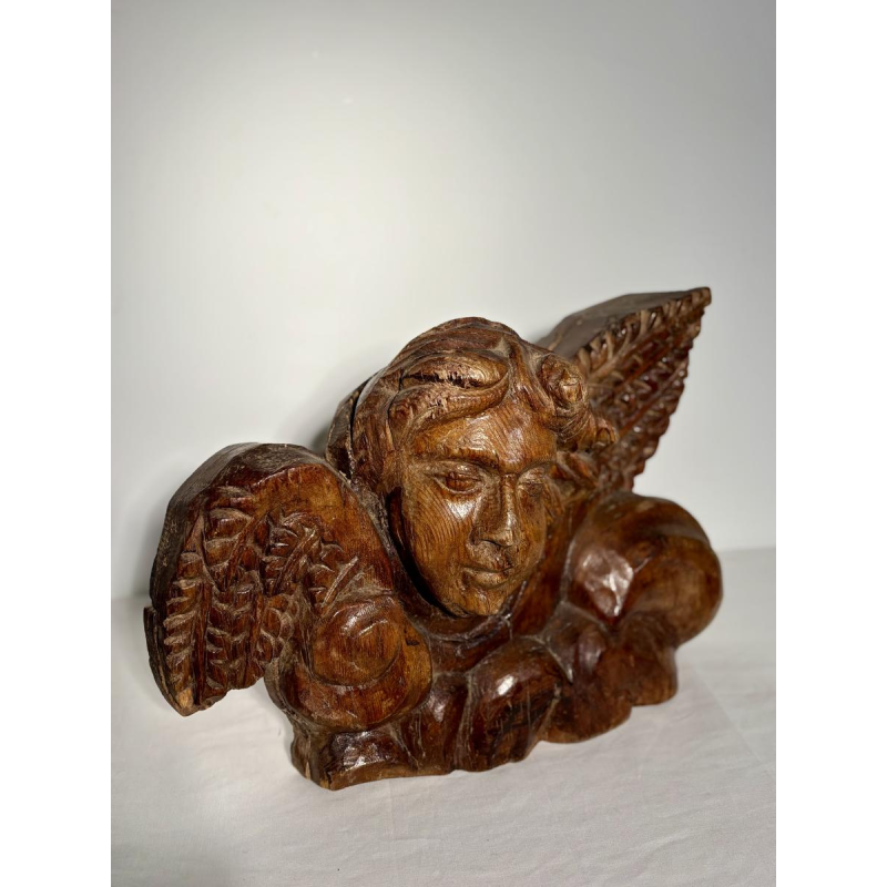 Tête d'ange sculptée en bois ancien - fragment architectural sculpture - travail français, XIXe siècle