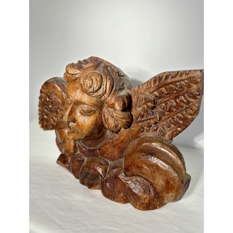 Tête d'ange sculptée en bois ancien - fragment architectural sculpture - travail français, XIXe siècle